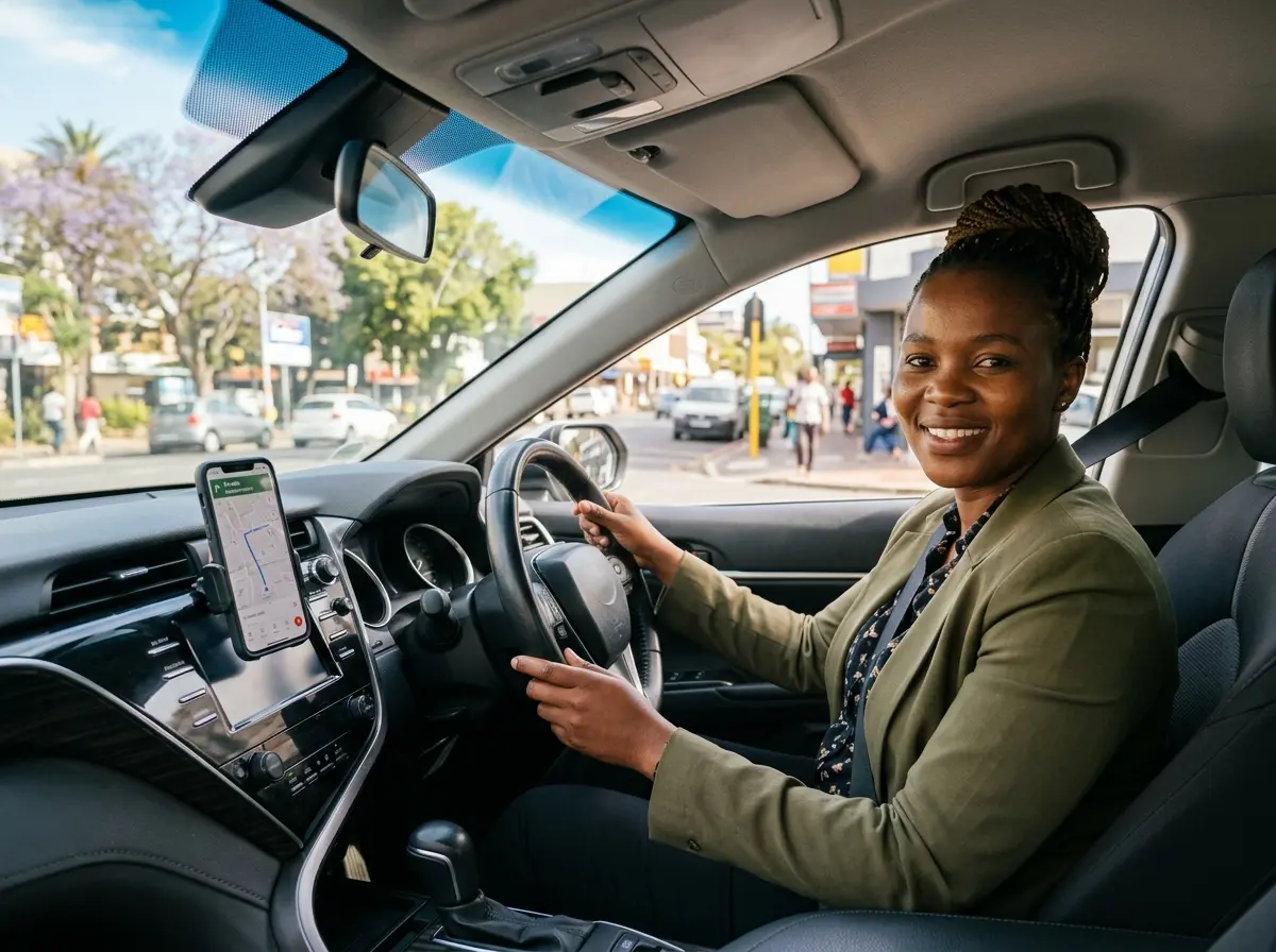 South African e-hailing driver checking a ride request on a phone mounted in her car